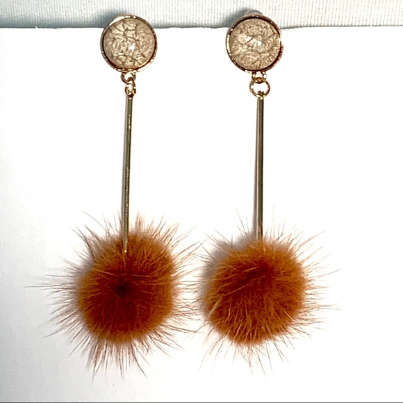 Faux Fur Pom Ball Linear Drop Gold Tone Earrings - Picture 3 of 8